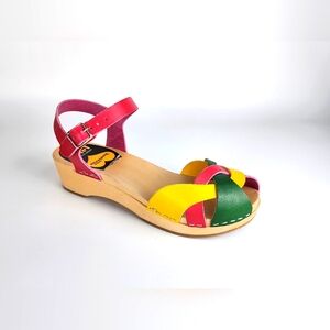 Hasbeens Toffel Swedish Wooden Colorful Weaved Leather Wedges Shoes Sandals, 37